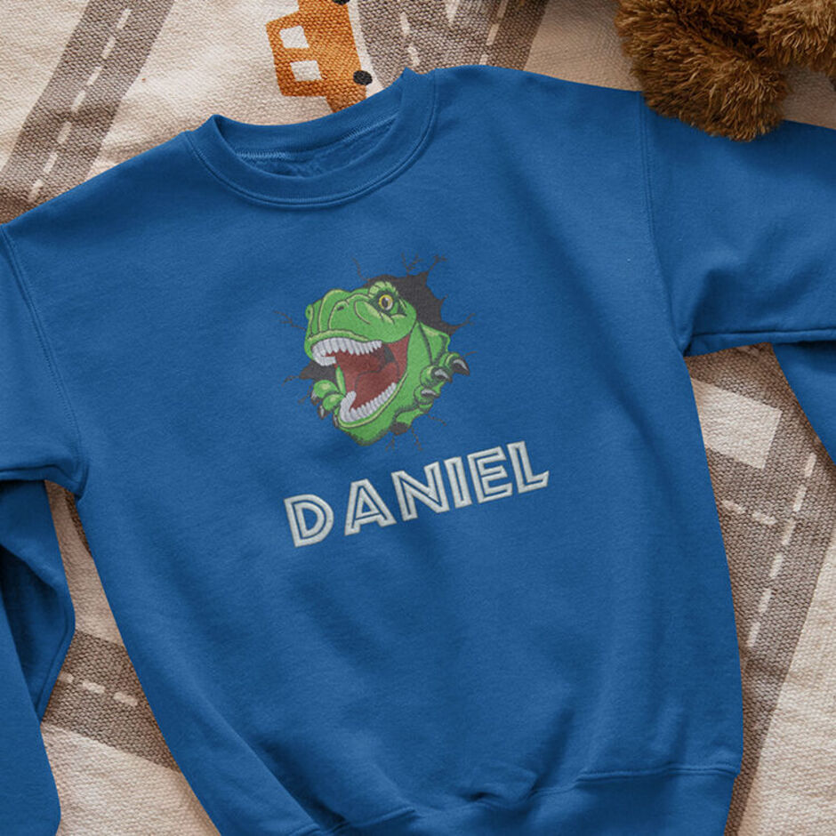 Personalised-T-Rex-Embroidered-Childrens-Royal-Blue-Sweatshirt