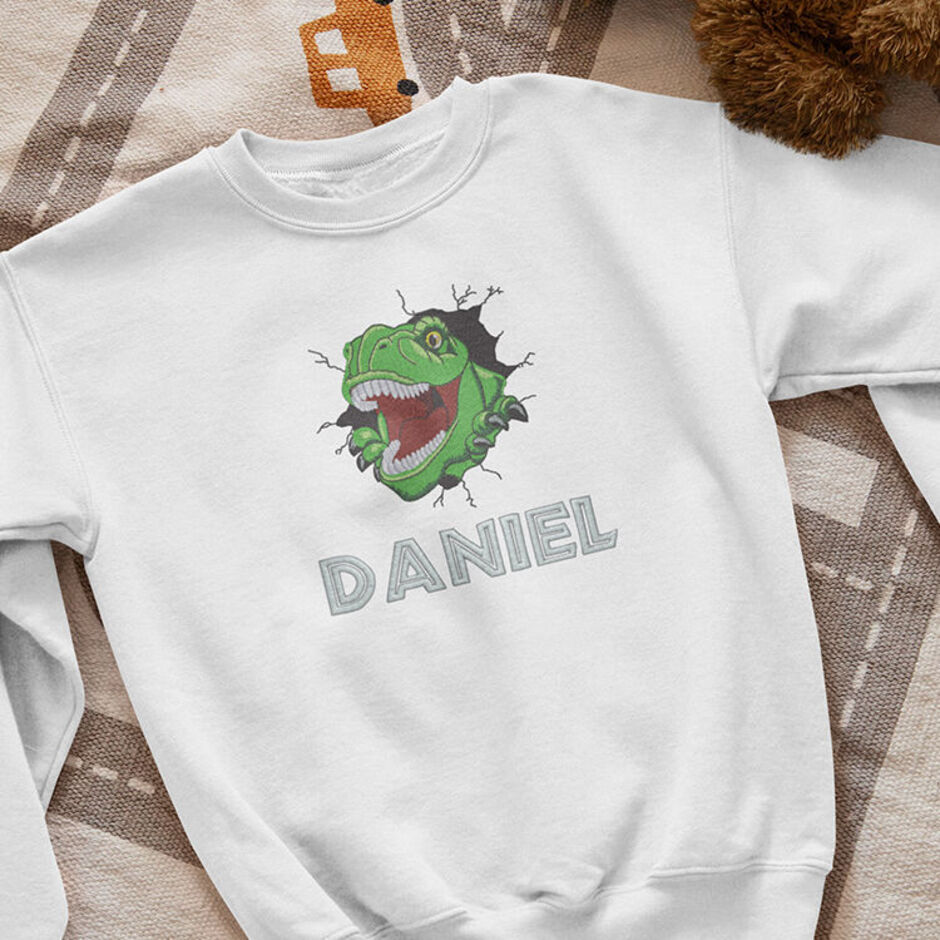Personalised-T-Rex-Embroidered-Childrens-White-Sweatshirt
